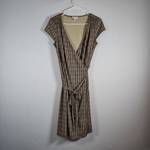 LOFT Ann Taylor Chocolate Brown Patterned Midi Wrap Dress Sz 6 V-neck
